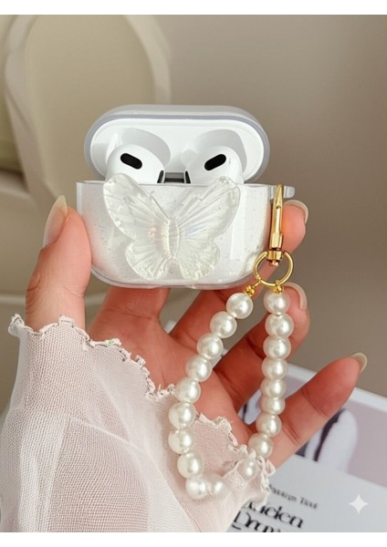 Apple AirPods 4. Nesil 2024 Uyumlu 3D Kelebek Şeffaf Simli Parlak Kopçalı Kulaklık Kılıfı