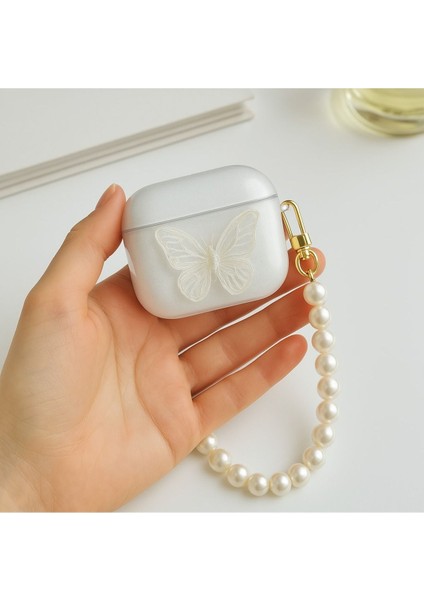 Apple AirPods 4. Nesil 2024 Uyumlu 3D Kelebek Şeffaf Simli Parlak Kopçalı Kulaklık Kılıfı