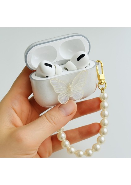 Apple AirPods 4. Nesil 2024 Uyumlu 3D Kelebek Şeffaf Simli Parlak Kopçalı Kulaklık Kılıfı