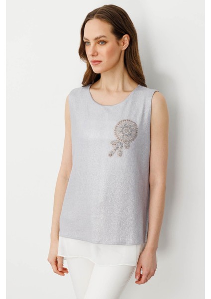 Kadın Içi Şifonlu Penye T-Shirt Gümüş