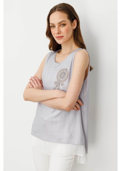 Kadın Içi Şifonlu Penye T-Shirt Gümüş fiyatları
