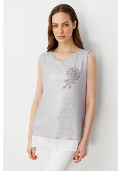 Kadın Içi Şifonlu Penye T-Shirt Gümüş indirimleri