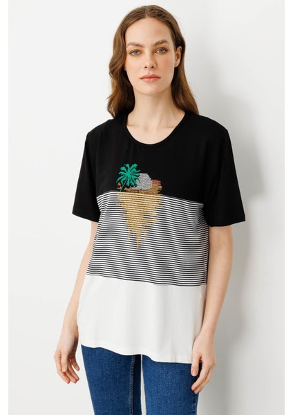 Kadın Sıfır Yaka Önü Palmiye Taşlı Penye T-Shirt Siyah