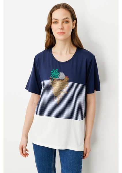 Kadın Sıfır Yaka Önü Palmiye Taşlı Penye T-Shirt Lacivert