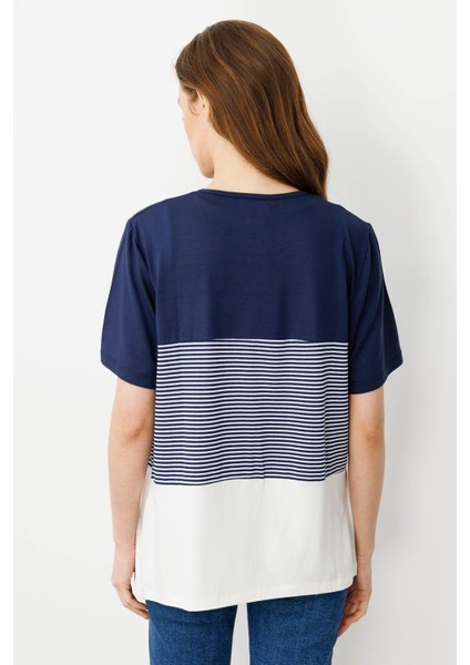 Kadın Sıfır Yaka Önü Palmiye Taşlı Penye T-Shirt Lacivert modelleri