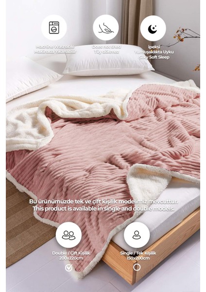Sherpa Battaniye Çift Kişilik Çizgili Yumuşak Peluş Wellsoft Yatak Örtüsü Pudra
