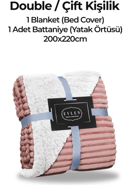 Sherpa Battaniye Çift Kişilik Çizgili Yumuşak Peluş Wellsoft Yatak Örtüsü Pudra