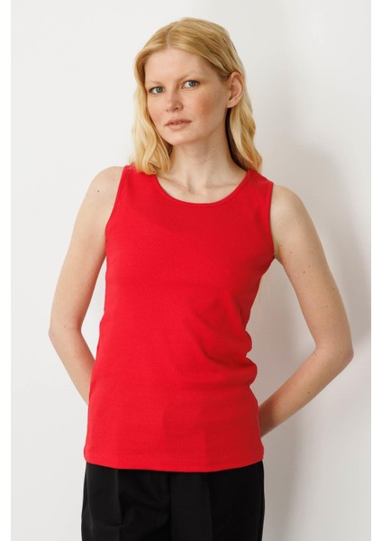 Kadın Sıfır Yaka Kaşkorse Pamuklu Askılı T-Shirt Kırmızı