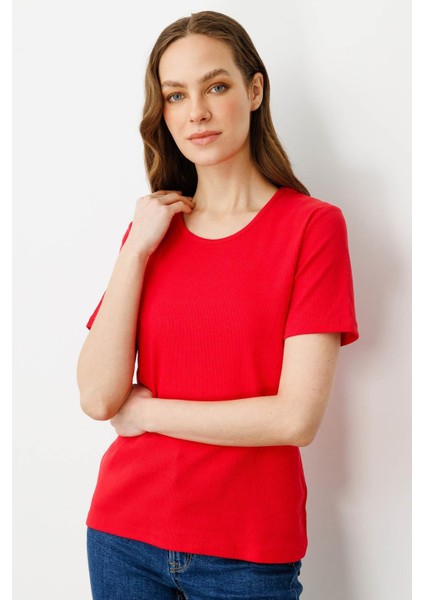 Kadın Sıfır Yaka Kısa Kol Pamuk Kaşkorse T-Shirt Kırmızı