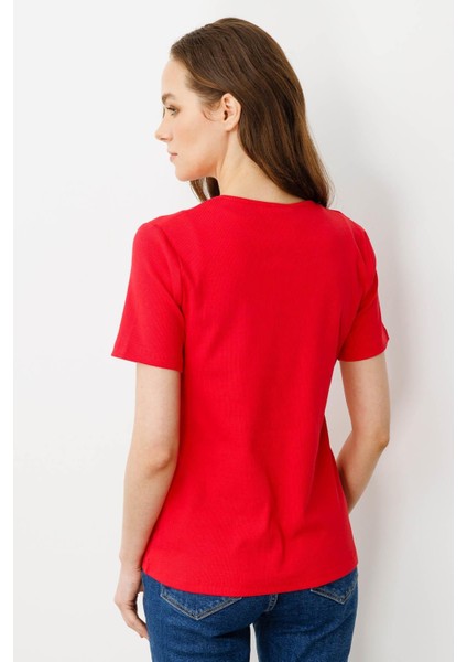 Kadın Sıfır Yaka Kısa Kol Pamuk Kaşkorse T-Shirt Kırmızı modelleri