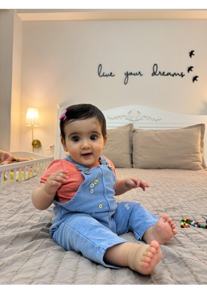 Çiçek Nakışlı Yumuşacık Likralı Organik Kot Salopetli Kısa Kol Badili 2'li Takım Tulum