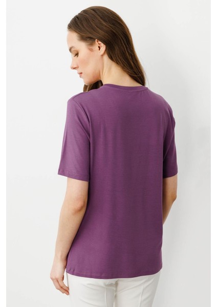 Kadın Sıfır Yaka Basic Penye T-Shirt Lila modelleri
