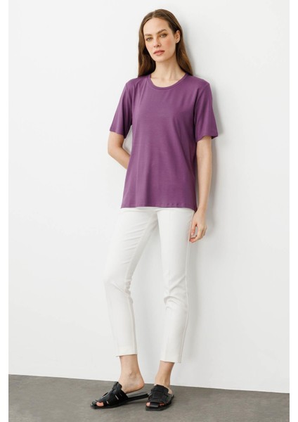 Kadın Sıfır Yaka Basic Penye T-Shirt Lila fırsatları