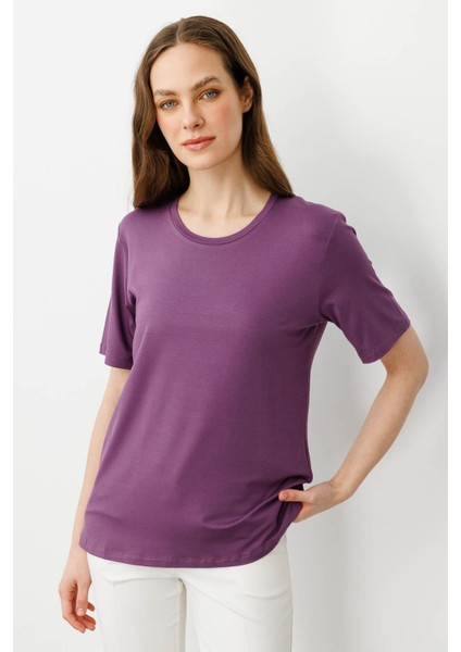 Kadın Sıfır Yaka Basic Penye T-Shirt Lila indirimleri