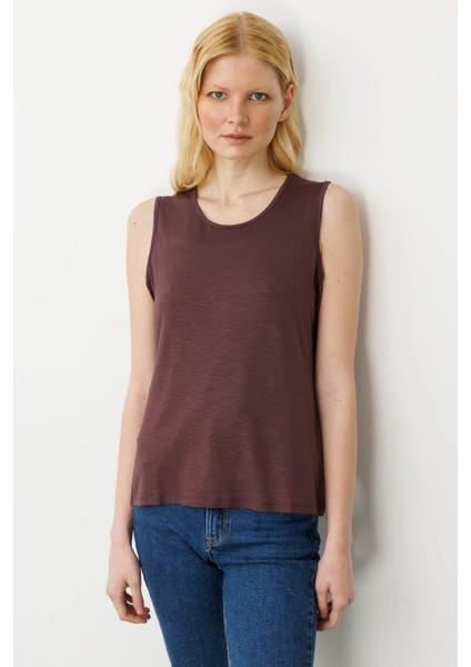 Kadın Sıfır Yaka Flamlı Kumaş Basic Askılı Tshirt Kahve