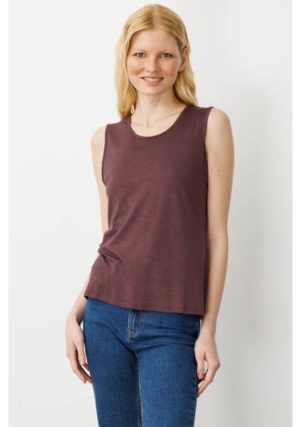Kadın Sıfır Yaka Flamlı Kumaş Basic Askılı Tshirt Kahve