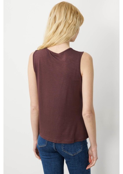 Kadın Sıfır Yaka Flamlı Kumaş Basic Askılı Tshirt Kahve