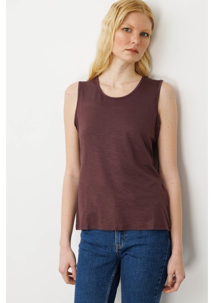 Kadın Sıfır Yaka Flamlı Kumaş Basic Askılı Tshirt Kahve