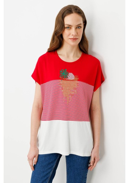 Kadın Sıfır Yaka Önü Taşlı Penye T-Shirt Kırmızı fiyatları