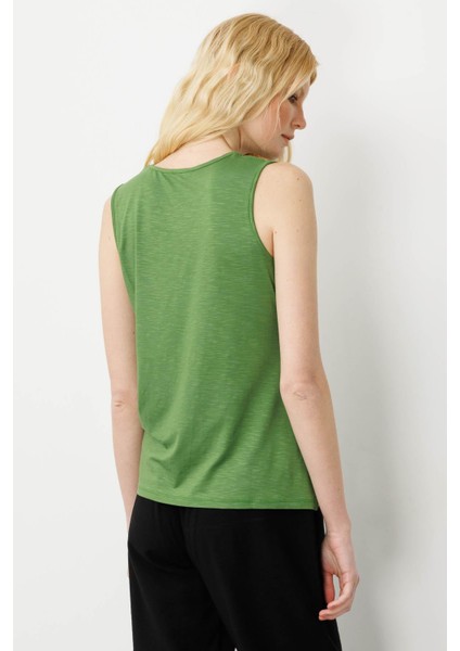 Kadın Sıfır Yaka Flamlı Kumaş Basic Askılı Tshirt A.yeşili modelleri