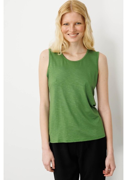 Kadın Sıfır Yaka Flamlı Kumaş Basic Askılı Tshirt A.yeşili
