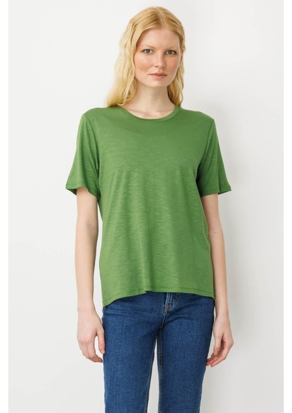 Kadın Sıfır Yaka Flamlı Kumaş Penye Tshirt A.yeşil