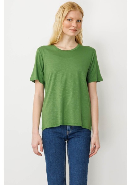 Kadın Sıfır Yaka Flamlı Kumaş Penye Tshirt A.yeşil fiyatları