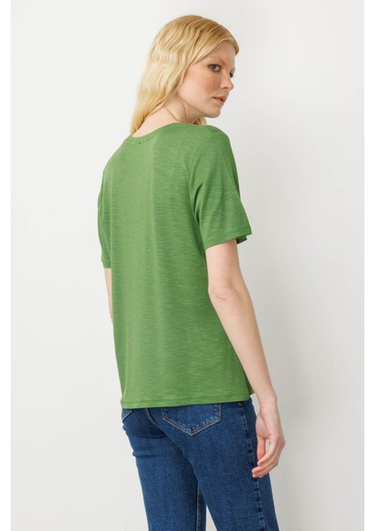 Kadın Sıfır Yaka Flamlı Kumaş Penye Tshirt A.yeşil fırsatları