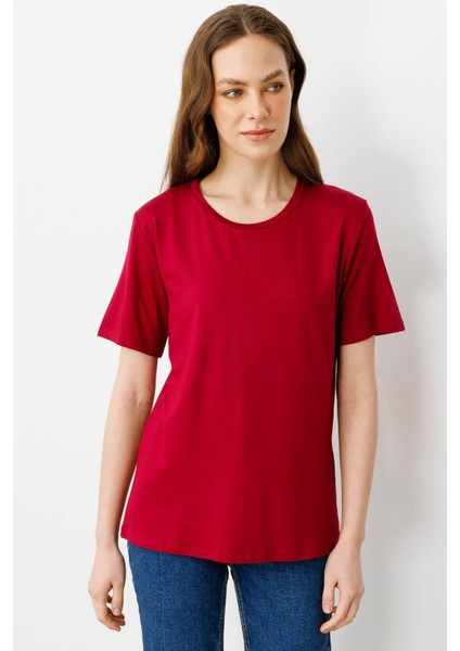Kadın Sıfır Yaka Basic Penye T-Shirt Vişne