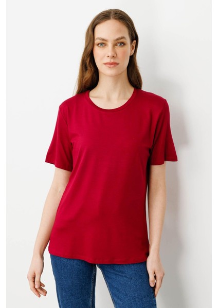 Kadın Sıfır Yaka Basic Penye T-Shirt Vişne fiyatları