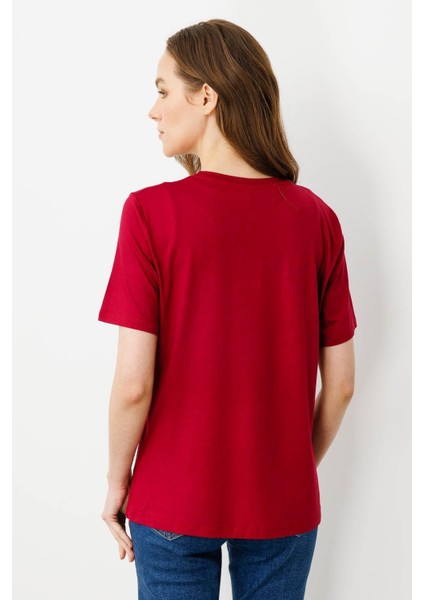 Kadın Sıfır Yaka Basic Penye T-Shirt Vişne modelleri