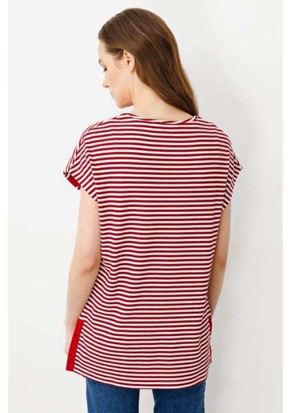 Kadın Sıfır Yaka Çizgili Pamuklu Penye T-Shirt Kırmızı modelleri