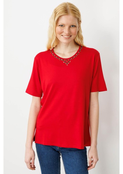 Kadın Sıfır Yaka Basic Penye T-Shirt Kırmızı