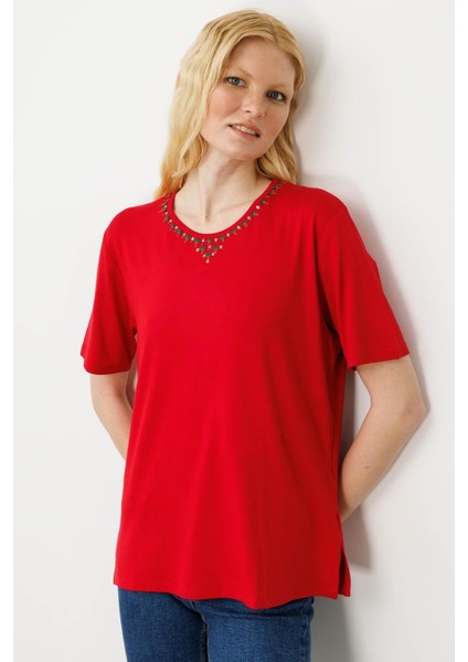 Kadın Sıfır Yaka Basic Penye T-Shirt Kırmızı fiyatları