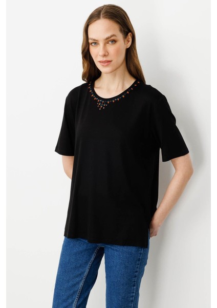 Kadın Sıfır Yaka Basic Penye T-Shirt Siyah