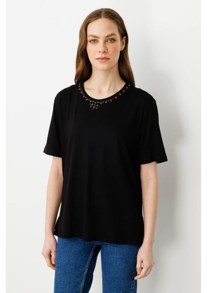 Kadın Sıfır Yaka Basic Penye T-Shirt Siyah fiyatları