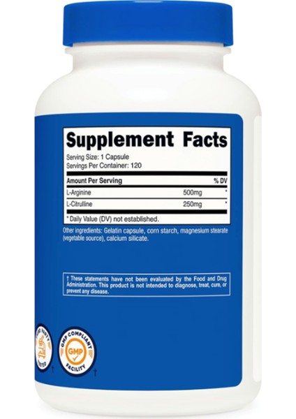 L-Arginine L-Citrulline Complex 750MG, 120 Capsules.abd Menşei
