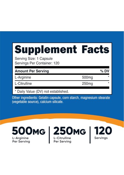 L-Arginine L-Citrulline Complex 750MG, 120 Capsules.abd Menşei
