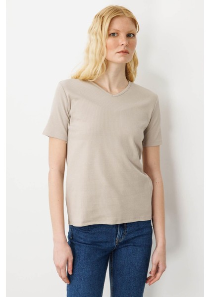 Kadın V Yaka Kaşkorse Pamuk T-Shirt Bej modelleri