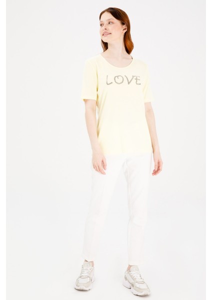 Kadın Sıfır Yaka Kısa Kol Love Yazılı Penye T-Shirt Sarı indirimleri