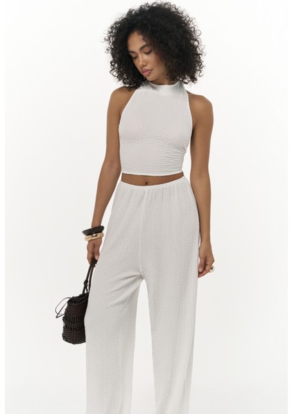 Ayshe Bağlamalı Ekru Crop Pantolon Takım