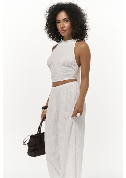 Ayshe Bağlamalı Ekru Crop Pantolon Takım