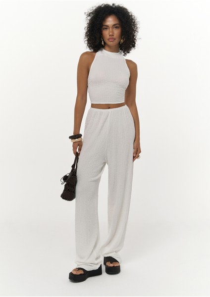 Ayshe Bağlamalı Ekru Crop Pantolon Takım
