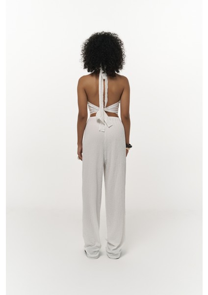 Ayshe Bağlamalı Ekru Crop Pantolon Takım