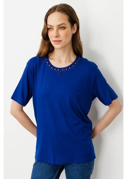 Kadın Sıfır Yaka Basic Penye T-Shirt Sax