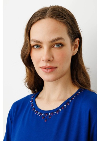 Kadın Sıfır Yaka Basic Penye T-Shirt Sax modelleri