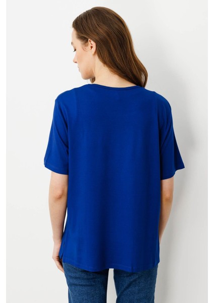 Kadın Sıfır Yaka Basic Penye T-Shirt Sax fırsatları