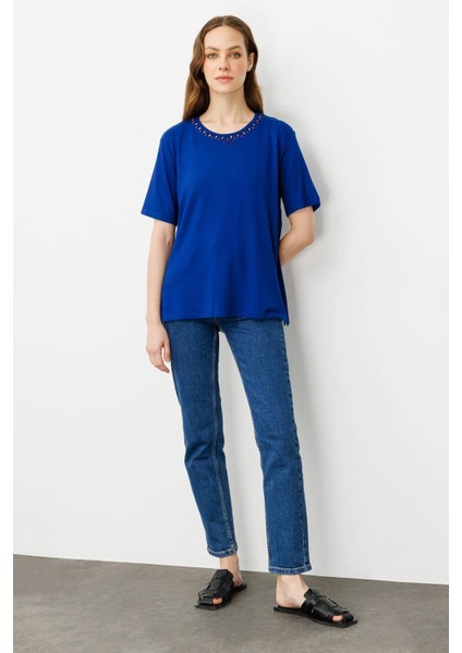 Kadın Sıfır Yaka Basic Penye T-Shirt Sax indirimleri