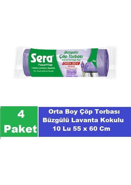 Çöp Torbası Büzgülü Lavanta Kokulu Orta Boy 10 Lu 55 x 60 cm x 4 Paket