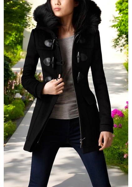 Kışlık Kaşmir Kadın Kürklü Kaşe Kaban
